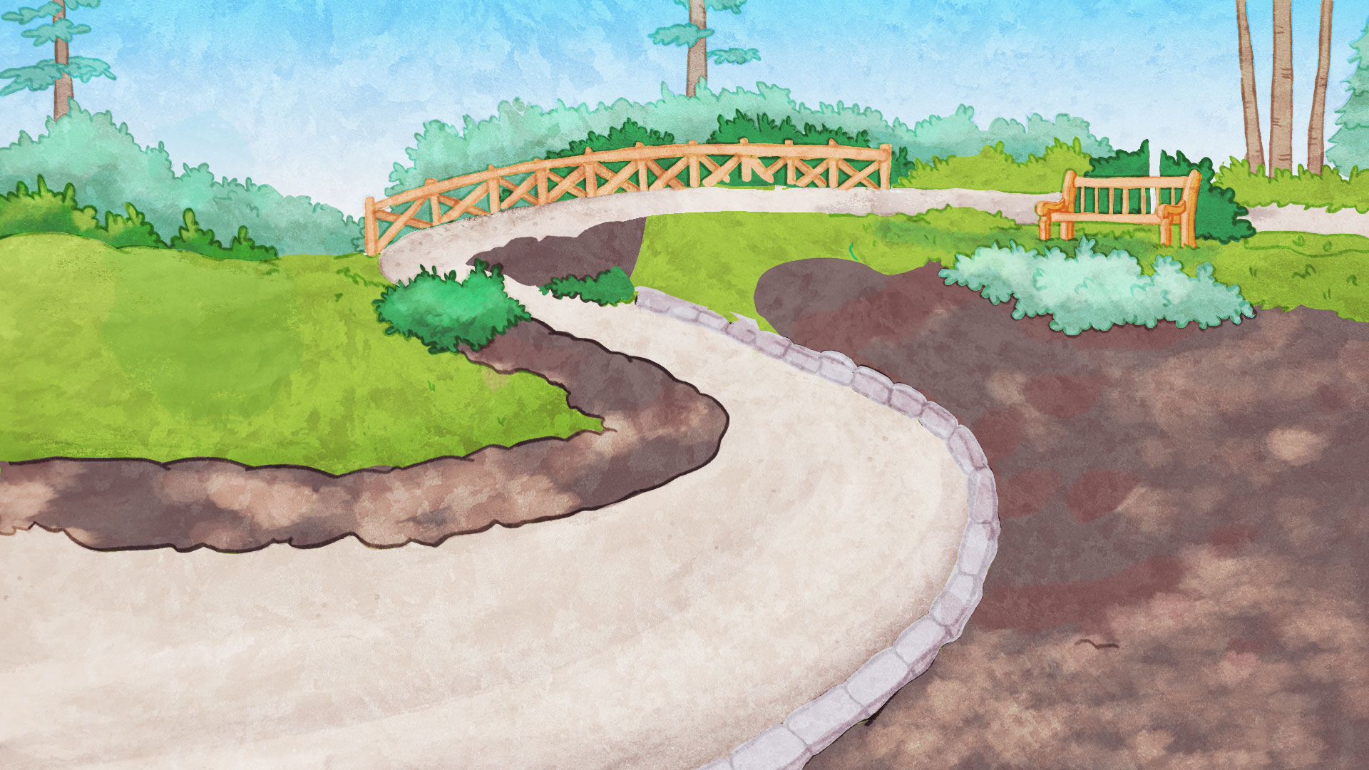 Watercolour of the Blue Poppy Garden and the Azalea Walk in early spring. Few flowers have bloomed. The gravel path is bordered by a few small green shrubs and some shoots emerging from the ground. The trees in the background have leaves. Some plants are still protected by winter covers.