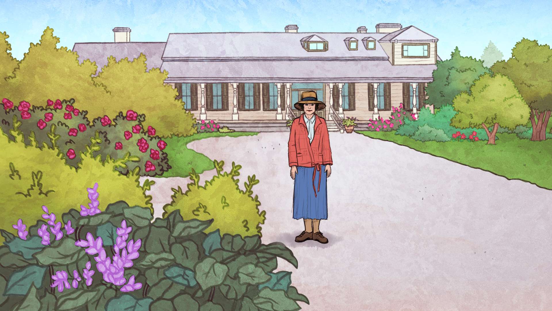 Aquarelle où Elsie est devant une grande maison blanche. Cette dernière est entourée de buissons verts et de fleurs. Elsie porte un chapeau, une chemise blanche, une veste corail et une jupe bleue.