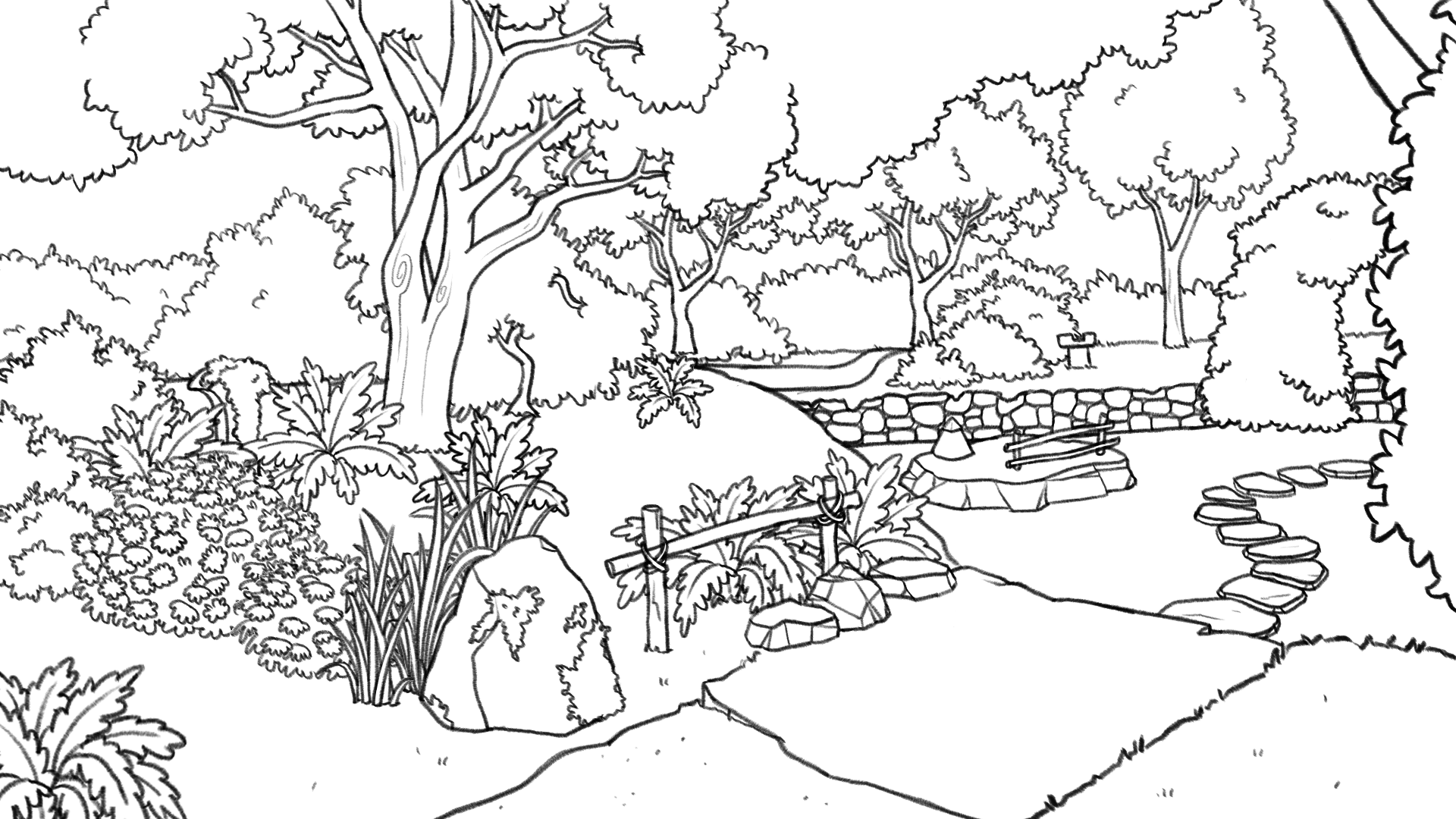Au premier plan de ce dessin à colorier, un sentier mène à un cours d’eau. Une petite barrière en bois le longe. Des pierres qui serpentent dans le ruisseau permettent de le traverser. Des arbres aux nombreuses feuilles bordent le cours d’eau. Des arbustes et des buissons de formats variés parsèment aussi ce jardin.