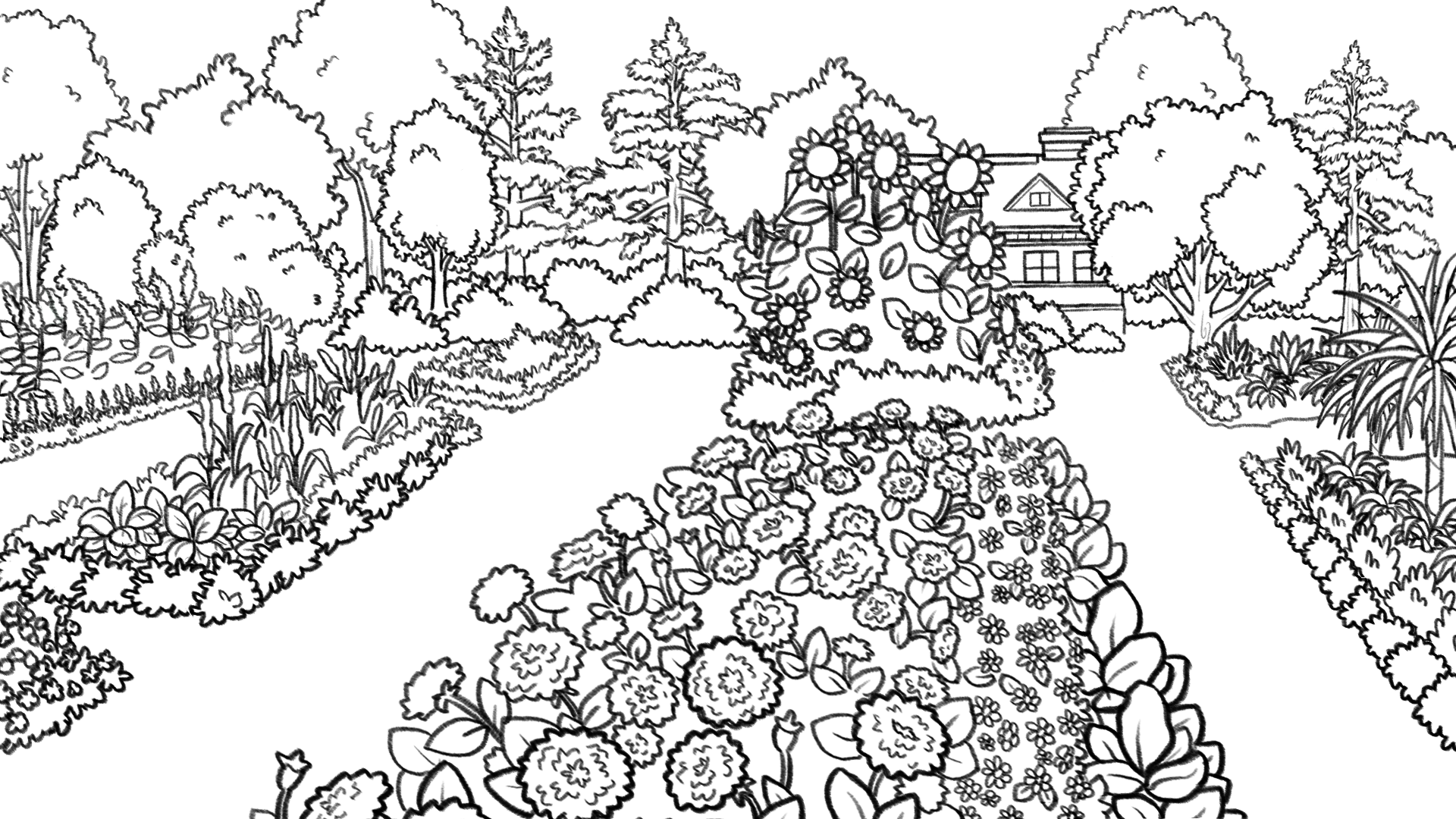 Sur ce dessin à colorier, trois platebandes sont remplies de fleurs variées. Entre ces trois rangées de platebandes, des chemins rectilignes gazonnés permettent de circuler. La platebande centrale, au premier plan, est fournie de plusieurs fleurs. La platebande de droite se compose de buissons et de fleurs variées. On trouve quelques arbres et des arbustes sur celle de gauche. Au fond du dessin, on distingue une maison entourée d’arbres et camouflée par de grandes fleurs en pleine floraison.