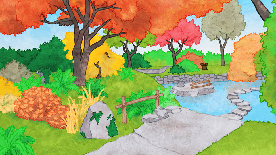 Aquarelle du Jardin japonais, la végétation et le ruisseau sont harmonieux. Un sentier de pierres gris clair mène jusqu’au ruisseau. Une dizaine de pierres plates qui serpentent le cours d’eau permettent de le traverser. Des arbustes et des buissons aux couleurs vert tendre, orangée et jaune bordent le ruisseau. Un arbre au feuillage orange se distingue.