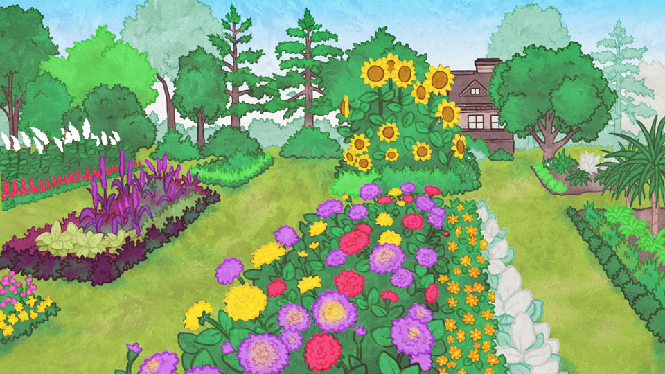 Sur cette aquarelle des Jardins ornementaux de la Ferme expérimentale centrale, les trois platebandes sont remplies de fleurs colorées. Celle du centre se compose de fleurs jaunes, violettes et rose. D’ailleurs, les tournesols sont si grands qu’ils camouflent une maison brune, au fond.  Une bande d’arbres au feuillage vert délimite la platebande de droite. Les buissons verts et les arbres feuillus dominent celle de gauche.