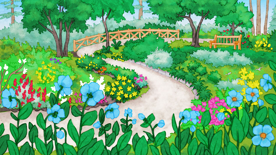 Watercolour of the Blue Poppy Garden and the Azalea Walk, vibrant with colour. The path is lined with trees and shrubs with green foliage. The blue of the poppies in the foreground contrasts with the yellow, white, orange, and red of the azaleas. The brightness of this vividly coloured drawing captures the feeling of a beautiful summer day.