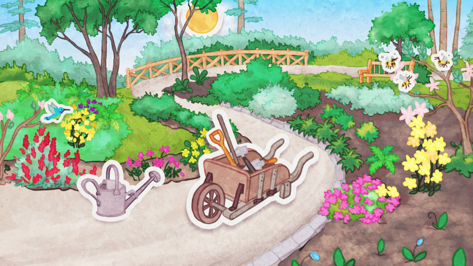 Several signs of early summer are present in this drawing of the Blue Poppy Glade and the Azalea Walk. Bees and a hummingbird are pollinating the flowers. Garden tools and a wheelbarrow on the path show that garden cleanup is underway. The sun’s warmth gives energy to the plants, and the watering can is a perfect way to bring water to the garden. Together, they all contribute to the growth of the flowers.