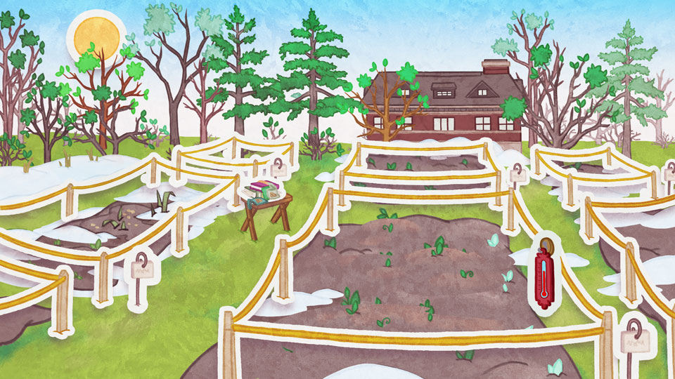 Drawing of the Ornamental Gardens at the Central Experimental Farm in spring. In the background, the brown house is beginning to disappear behind leafy trees. In the foreground, the gardens are outlined with ropes and stakes, the sun is melting the snow, and new sprouts are emerging.