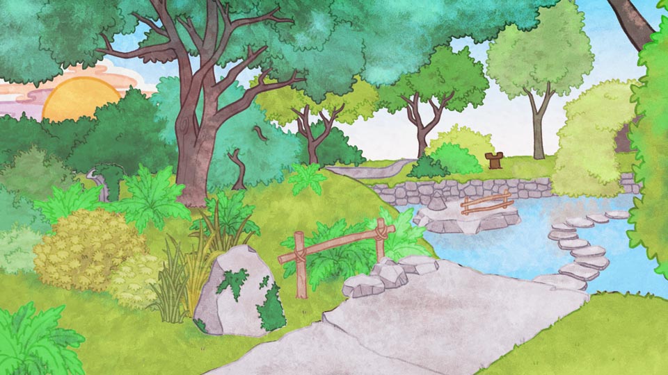 Aquarelle du Jardin japonais des Jardins Butchart où le soleil rayonne. Les feuilles des arbres sont vertes, tout comme celles des buissons et des arbustes. Les verts varient de pâle à foncé. L’eau du ruisseau est claire.