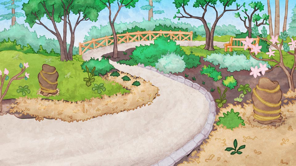 Watercolour of the Blue Poppy Garden and the Azalea Walk in early spring. Few flowers have bloomed. The gravel path is bordered by a few small green shrubs and some shoots emerging from the ground. The trees in the background have leaves. Some plants are still protected by winter covers.