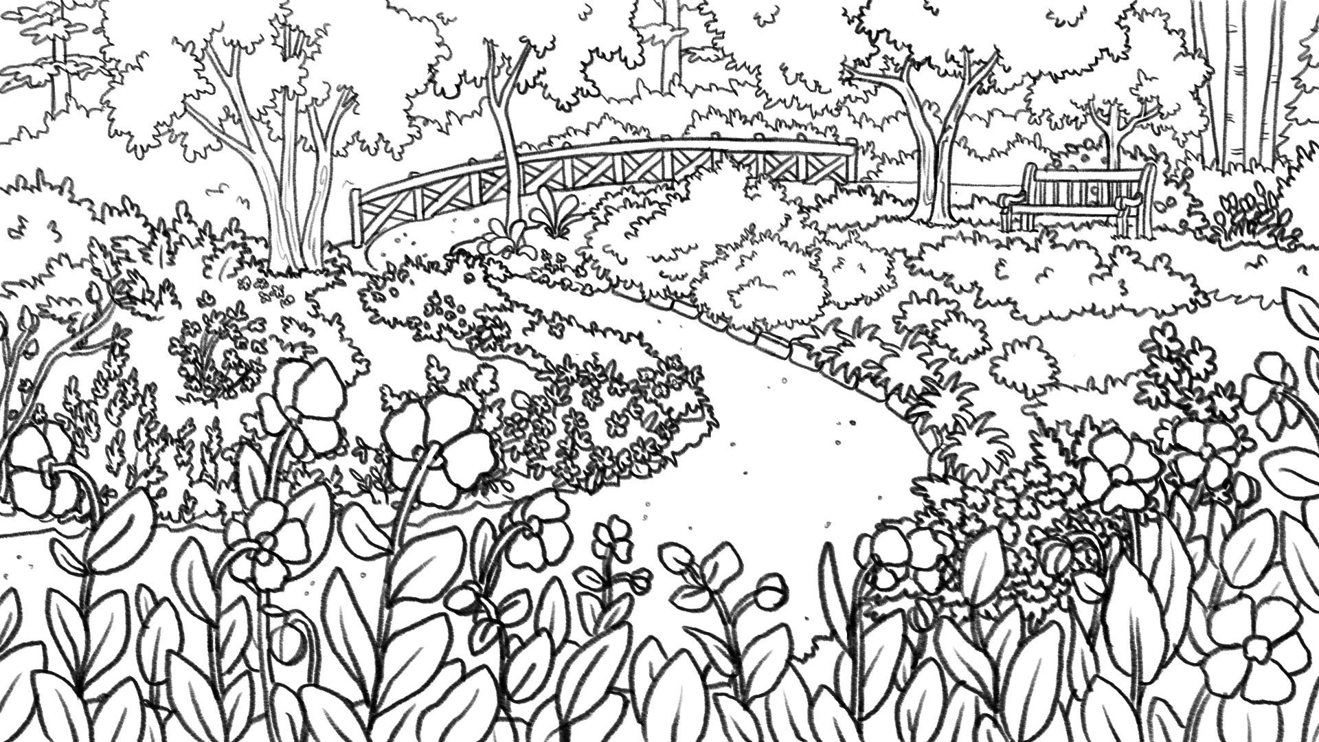 In this colouring illustration, a path winds through the garden. In the foreground, at the bottom of the path, there are flowers with long stems and a few lance-shaped leaves. Farther up in the flowerbed, many flowers and leafy bushes appear on both sides of the path. In the distance, there’s also a bench, a fence, and a few leafy trees.