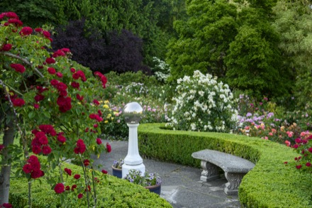 Sur cette photographie couleur, un sentier de pierre serpente dans le jardin de roses. Une sculpture sphérique argent occupe le centre. Un banc en pierre se trouve en face de cette installation et une haie verte délimite le sentier. Des rosiers aux couleurs variées sont bien garnis. Au fond, il y a des arbres feuillus.