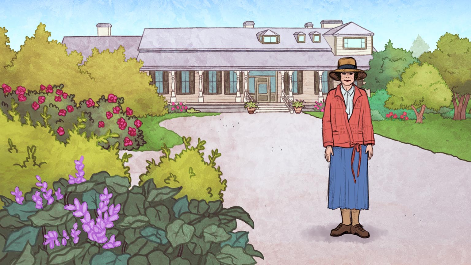 Aquarelle où Elsie est devant une grande maison blanche. Elsie est entourée de buissons verts et de fleurs. Elle porte un chapeau, une chemise blanche, une veste corail et une jupe bleue.