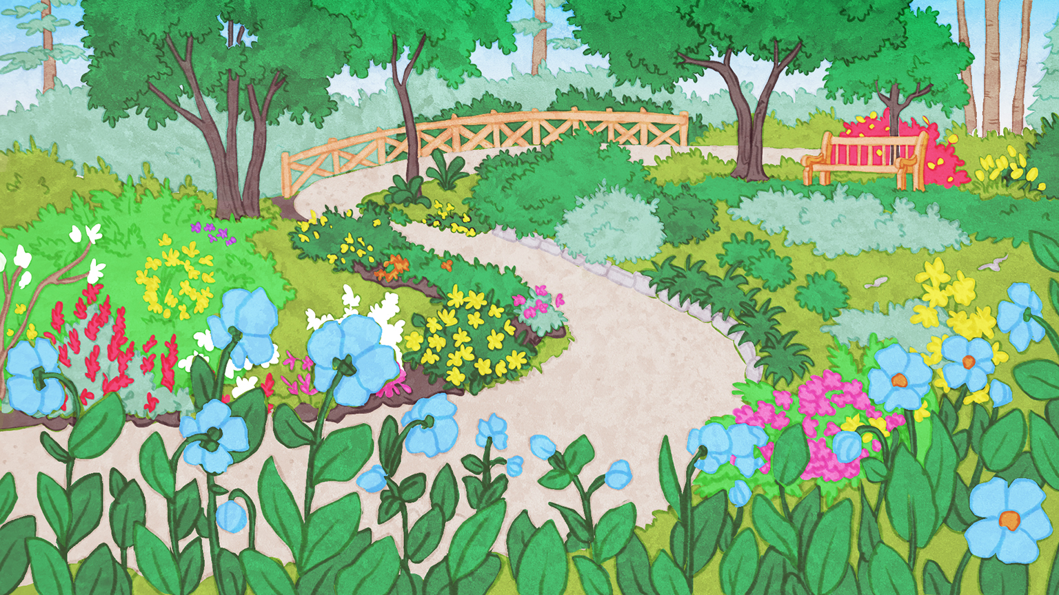 This drawing illustrates the Blue Poppy Garden. A gravel path winds through the garden. About twenty blue poppies fill the foreground. To the left of the path, a flowerbed features green shrubs accented with colourful blooms in shades of pink, yellow, white, red, and orange. On the right side of the path, two trees frame the flowerbed, which is composed of several shrubs with varied green foliage.