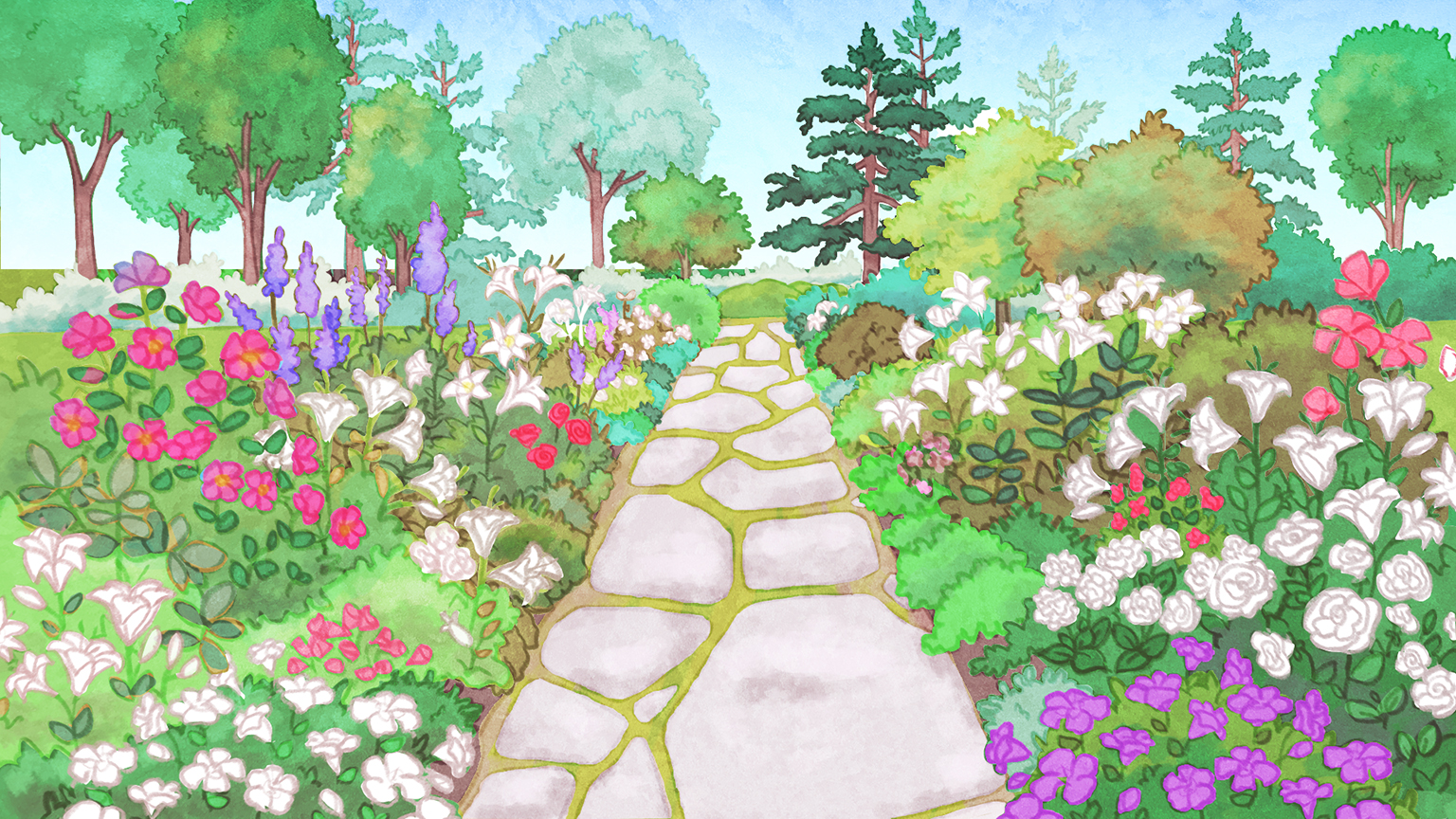 This drawing depicts the Long Walk. A path made of large grey stones runs through the centre of the image, dividing it into two flowerbeds. The beds are filled with white lilies, red roses, purple flowers, and dense green shrubs. In the background, a few deciduous and coniferous trees complete the scene.