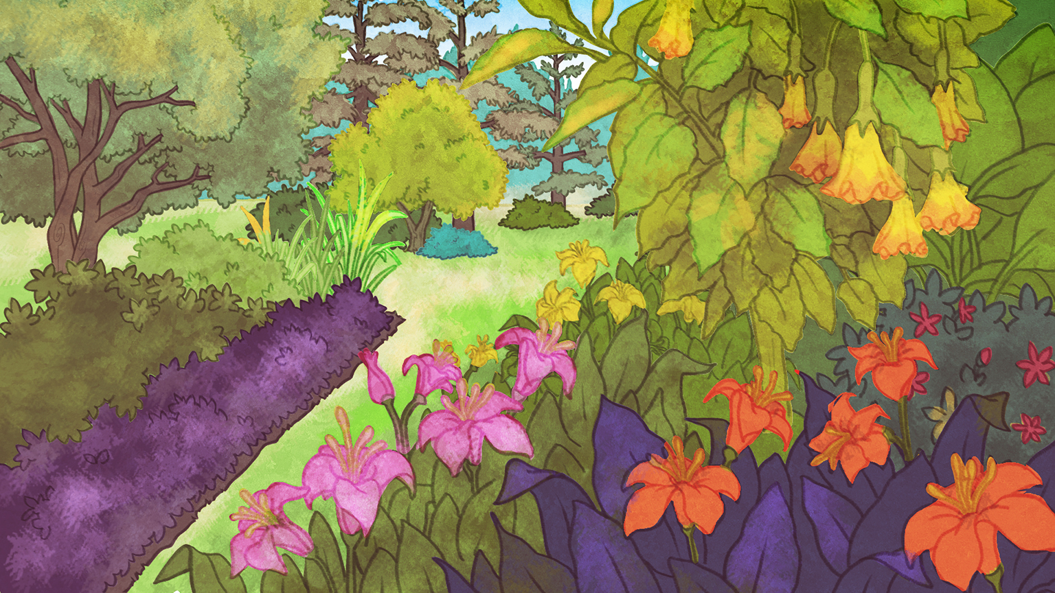 In this illustration, the garden features a variety of colours. Red, pink, and purple flowers appear in the foreground, within the flowerbed.