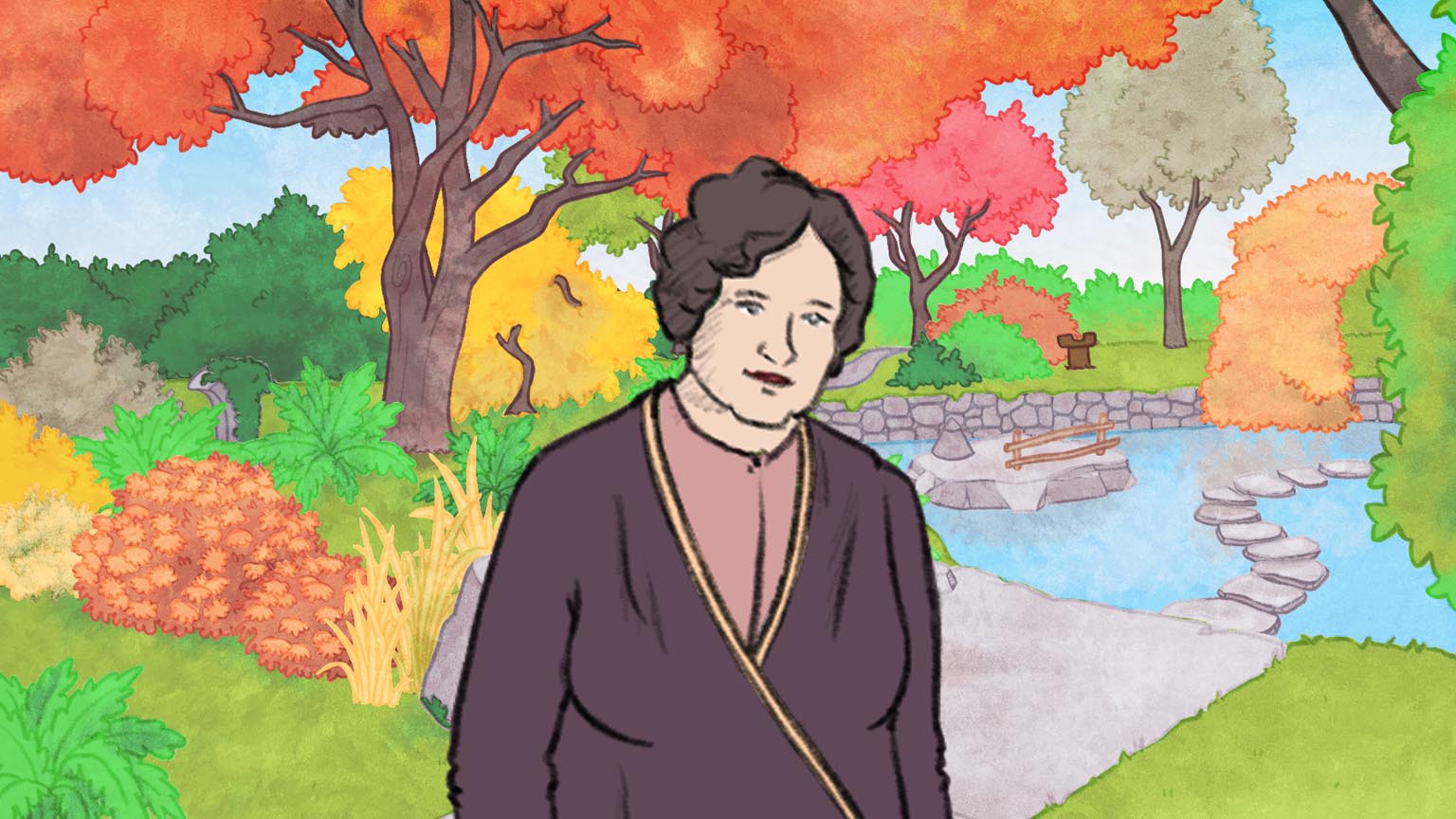 Aquarelle où Jennie est devant le ruisseau et un gros plan est fait sur elle. Elle est sur le sentier et elle est entourée de buissons verts et jaunes. Les arbres aussi ont un feuillage coloré.