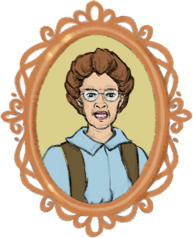 Portrait d’Isabella Preston dessiné dans un médaillon sculpté de couleur orangée.