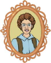 Portrait d’Isabella Preston dessiné dans un médaillon sculpté de couleur orangée.